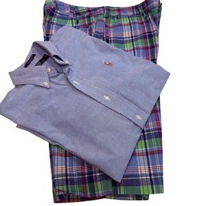 Polo Ralph Lauren Youth Boys 2 PCS Plaid Shorts & Blue Oxford Shirt Sz 18-20
